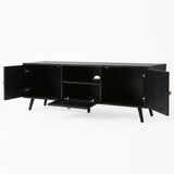 [Black] Open-storage view of Wovena 160cm TV unit, two side cabinets and centre rattan drop-down panel all hinged out