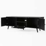 [Black] Open-storage view of Wovena 160cm TV unit, two side cabinets and centre rattan drop-down panel all hinged out