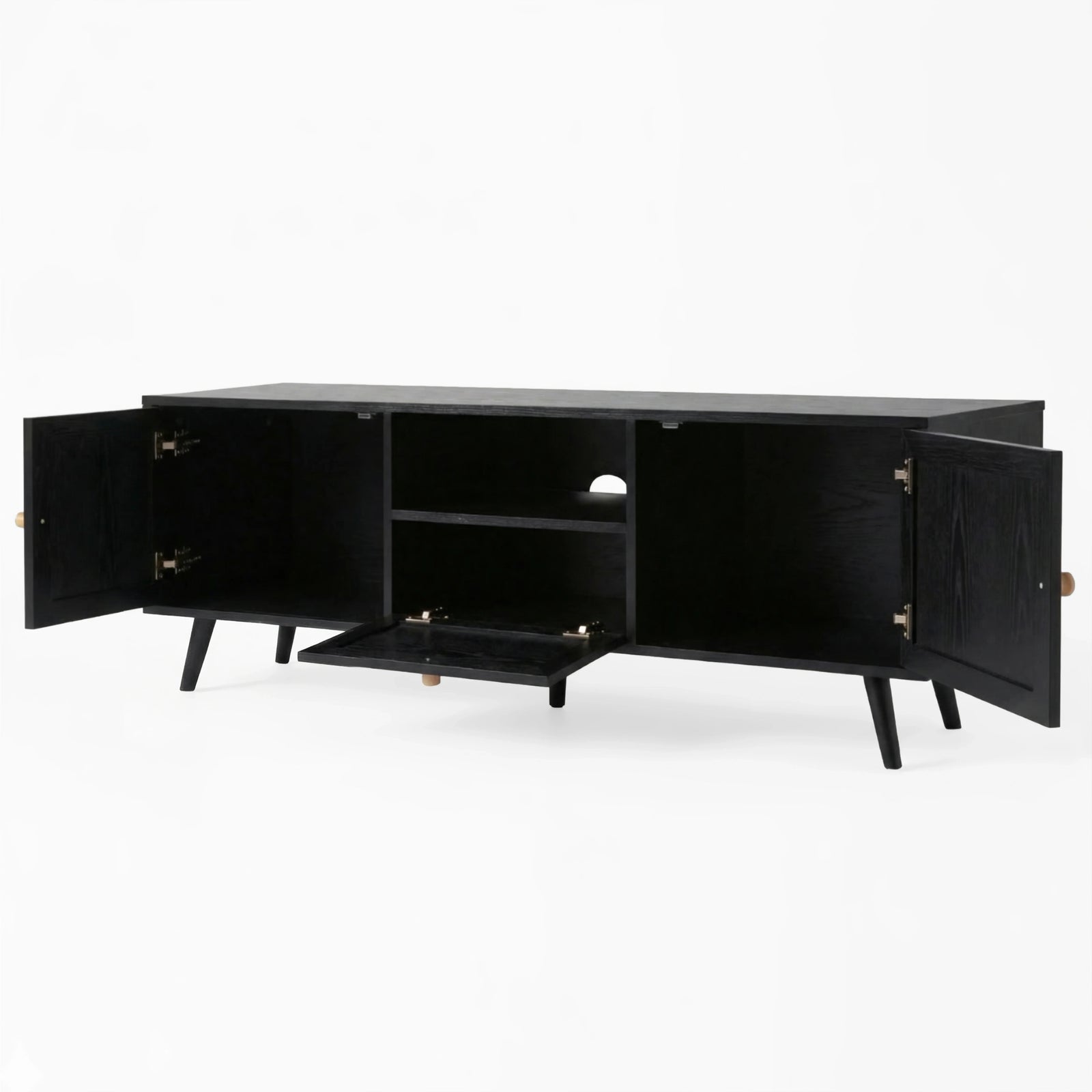 [Black] Open-storage view of Wovena 160cm TV unit, two side cabinets and centre rattan drop-down panel all hinged out