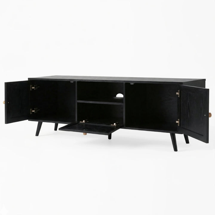 [Black] Open-storage view of Wovena 160cm TV unit, two side cabinets and centre rattan drop-down panel all hinged out