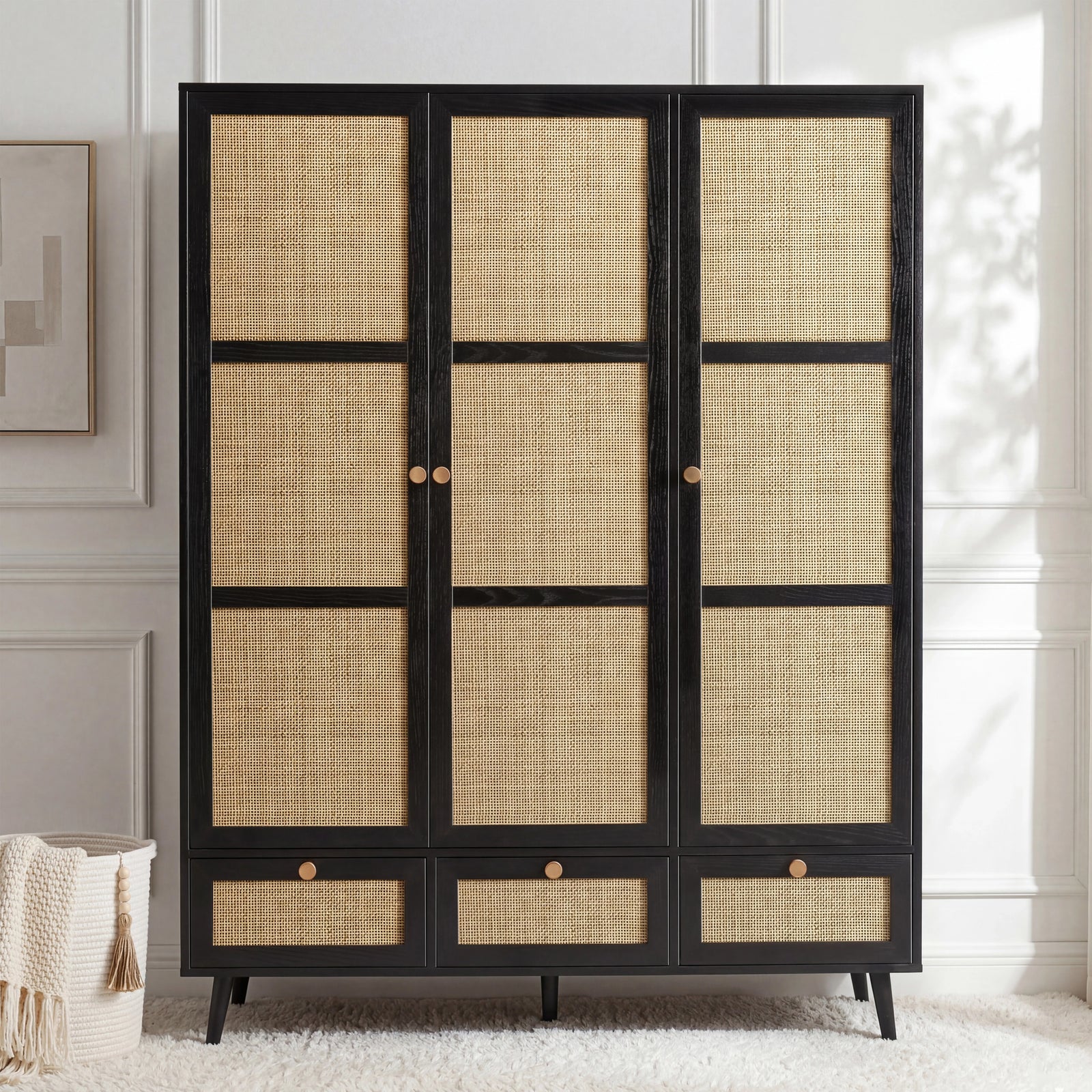 [Black] Wovena rattan bedroom furniture set wardrobe in black with cane mesh doors and round pine knobs