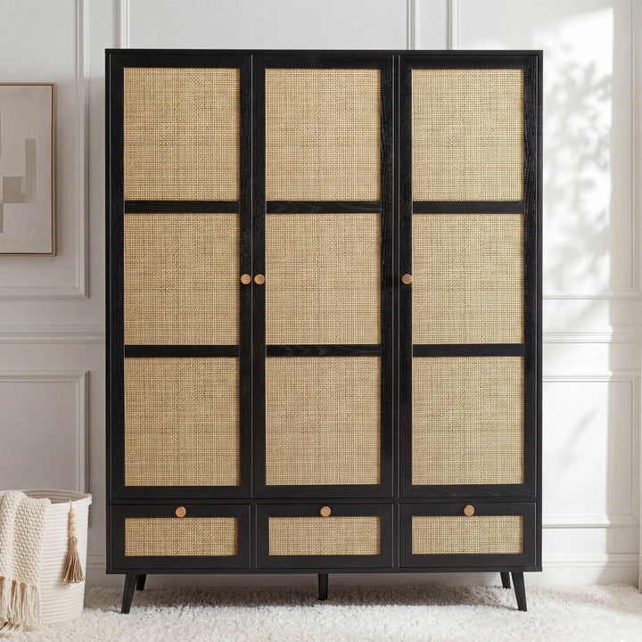 [Black] Wovena rattan bedroom furniture set wardrobe in black with cane mesh doors and round pine knobs