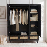 [Black] Open black rattan wardrobe revealing left hanging rail with shirts and four-shelf right column with knitwear