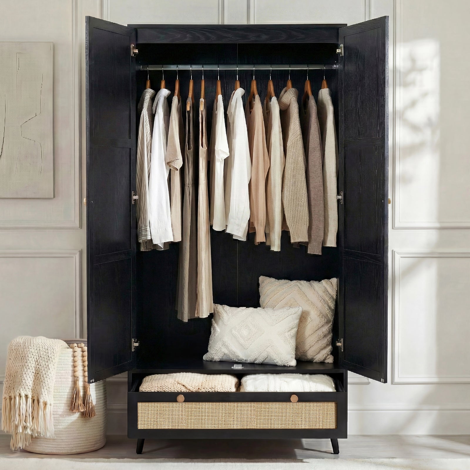 [Black] Open Wovena rattan bedroom furniture set wardrobe with full width rail and pull out base drawer