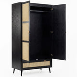 [Black] Wovena wardrobe open on white background revealing hanging rail, inner shelving and rattan base drawer