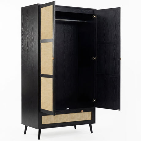 [Black] Wovena wardrobe open on white background revealing hanging rail, inner shelving and rattan base drawer
