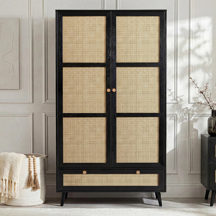 [Black] 2 door Wovena rattan bedroom furniture set wardrobe in black with cane mesh panels and pine knobs