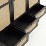 [Black] Three base drawers of the black rattan wardrobe pulled fully open showing empty interiors and pine knob handles