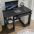 Home Office Computer Desk With Shelves For Working, Reading & Gaming in black finish, featuring a pull-out keyboard tray, monitor, and PC tower setup.