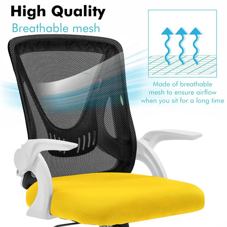 Black and yellow computer chair with breathable mesh backrest for comfort during long hours of sitting.