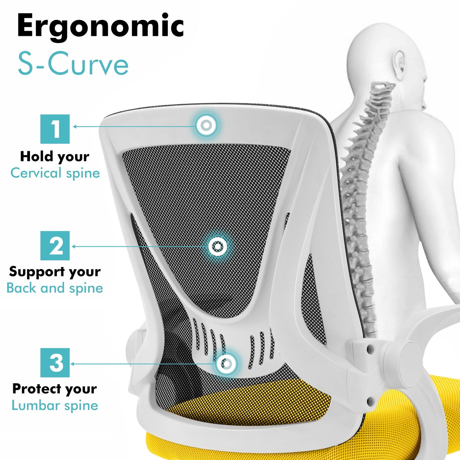[Black + Yellow] Black and yellow lumbar support chair with breathable mesh backrest to maintain healthy posture.