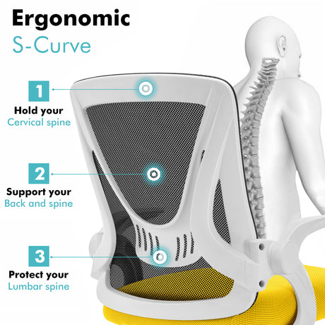 Black and yellow lumbar support chair with breathable mesh backrest to maintain healthy posture.