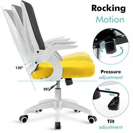 Black and yellow office chair with mesh backrest,  adjustable height, and tilt lockfor ergonomic seating.