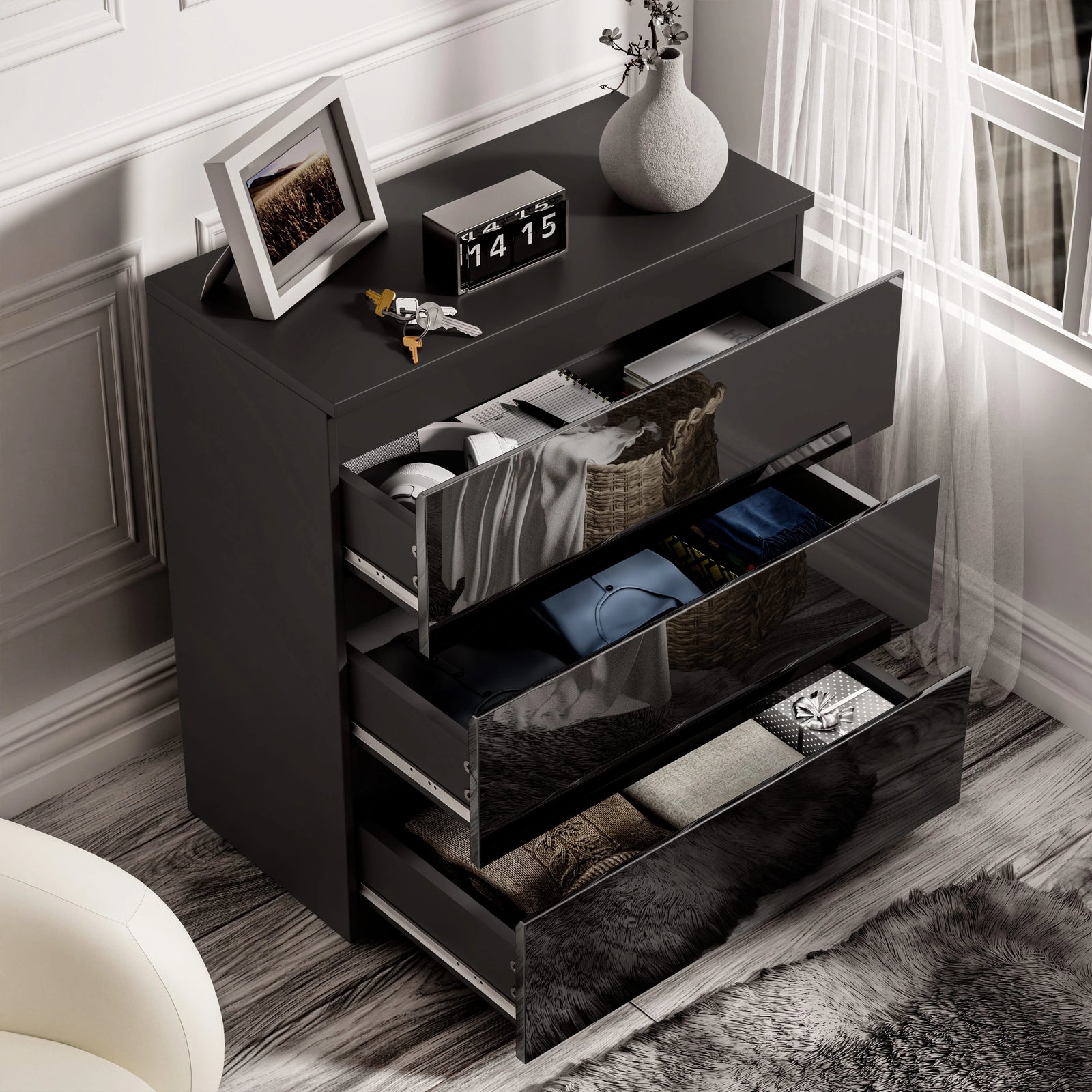 [Black] high gloss 3 drawer chest open from elevated angle with clock and frame still on top surface