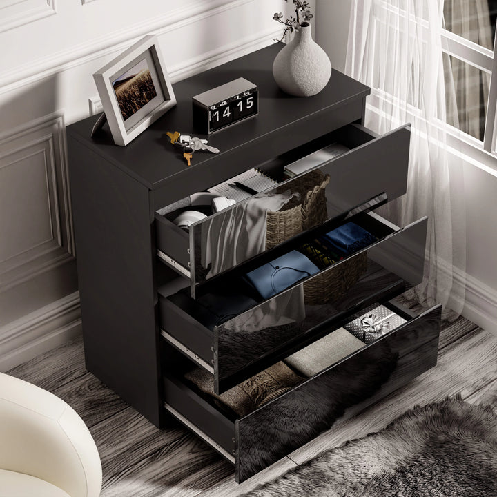 [Black] high gloss 3 drawer chest open from elevated angle with clock and frame still on top surface