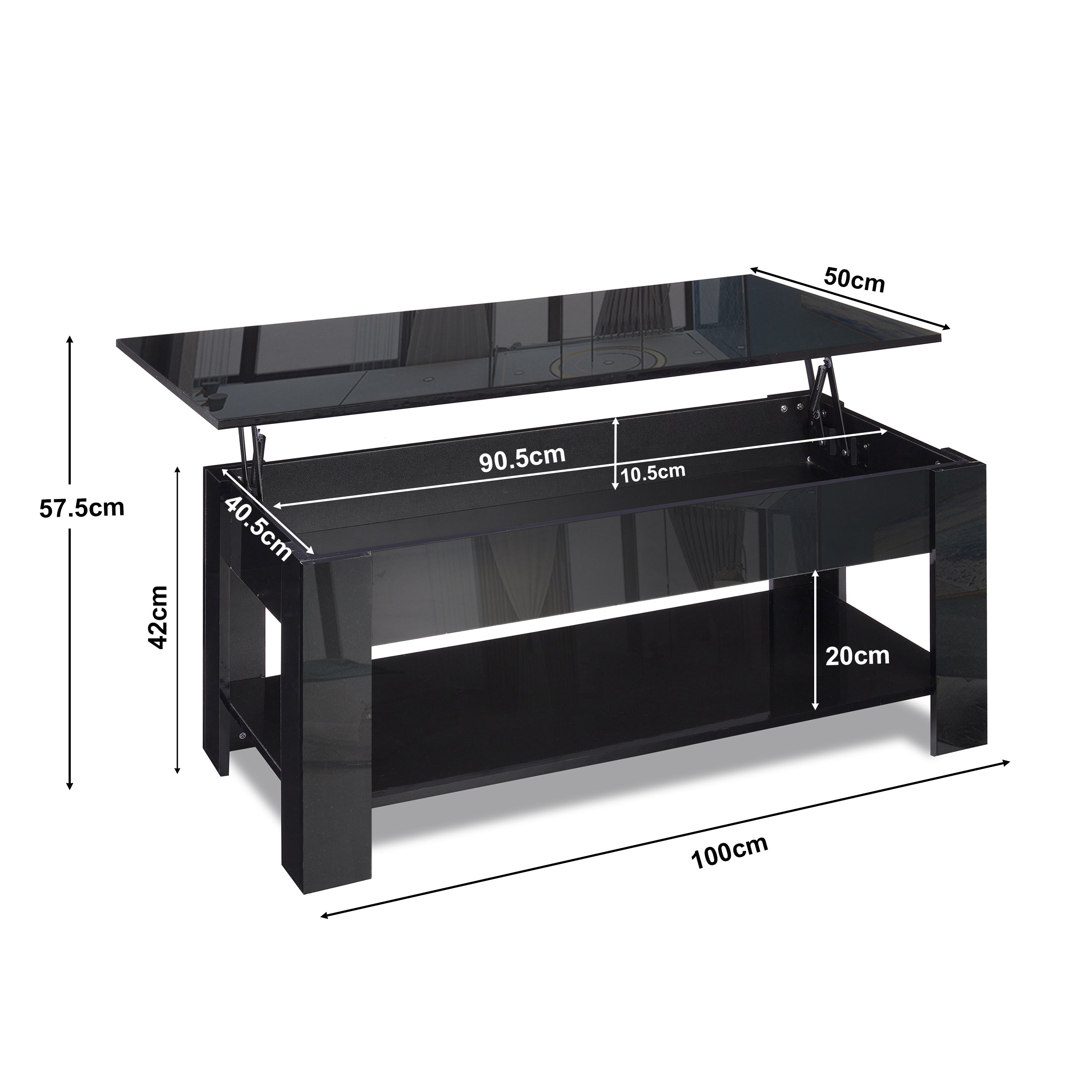 Black lift-up coffee table with dimensions 100cm x 50cm x 42cm.