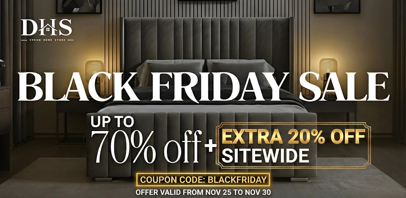 Black Friday sale advertisement with a gray bed in a bedroom setting, featuring discounts and a coupon code.