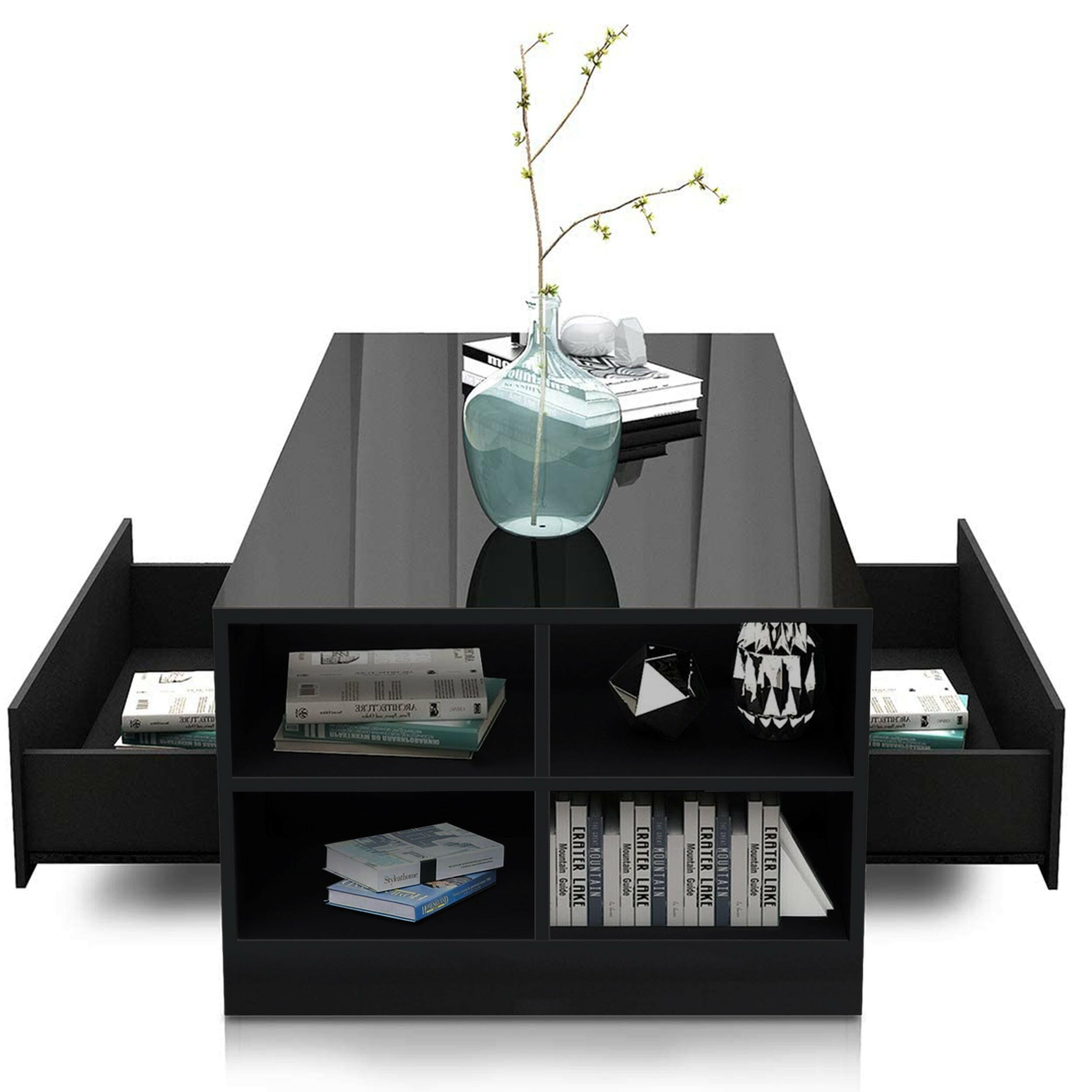 Modern black gloss coffee table with storage space for living room decor