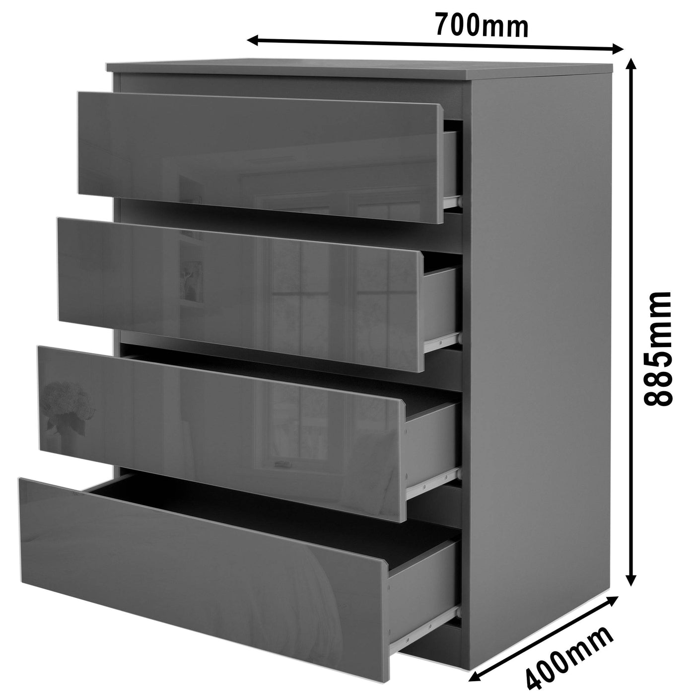 Dimensions of Blisswood Dark Grey Chest of Drawers - High Gloss Drawers 4-drawer unit: 885mm height, 700mm width, 400mm depth.