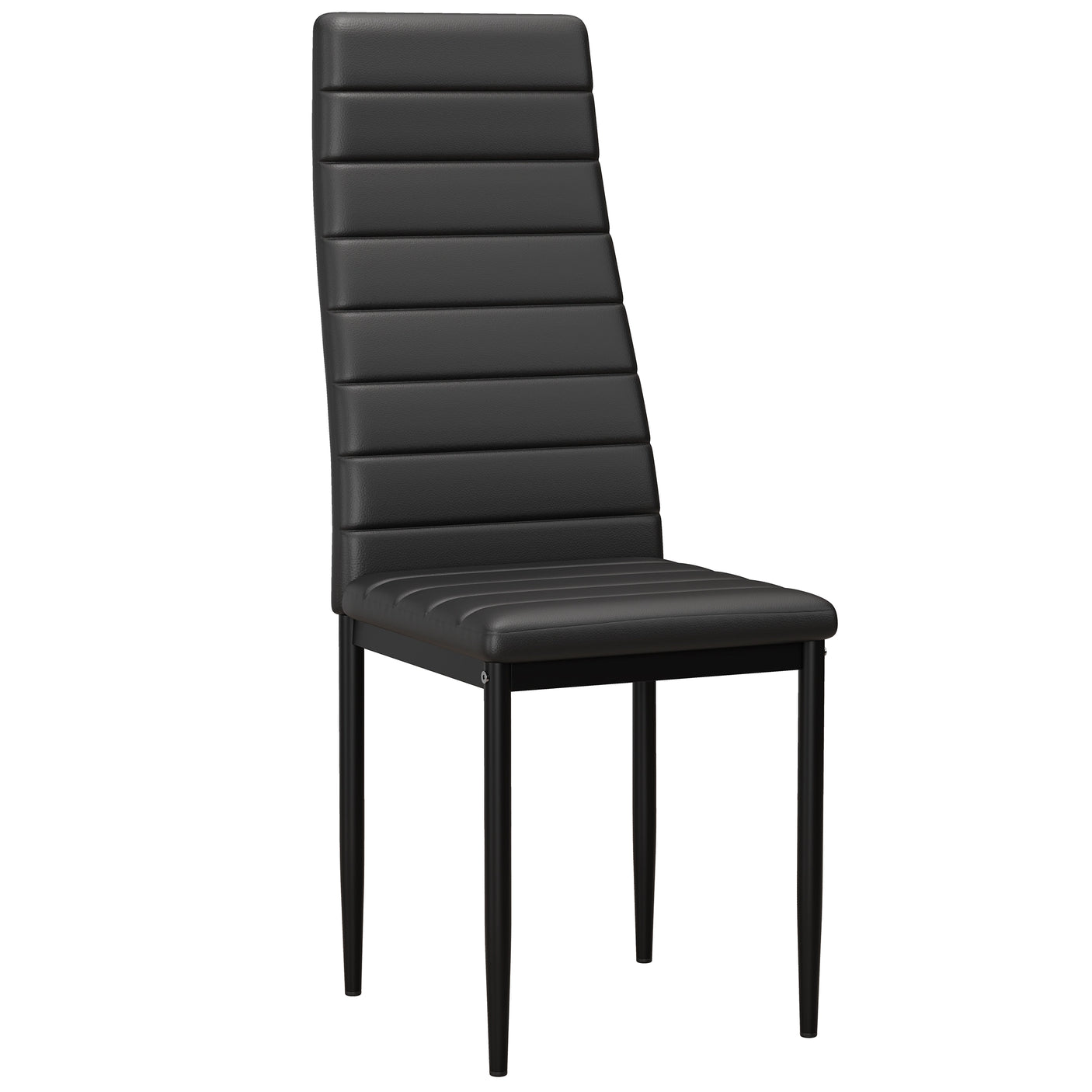 Modern black dining chair with padded PU leather seat and high backrest, part of 6 seater dining table set.