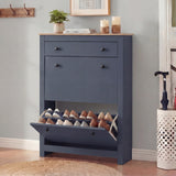 [Blue] 2 Door Shoe Cabinet with Drawer – Slim Hallway Storage Unit straight-on view with bottom drawer tilted open.