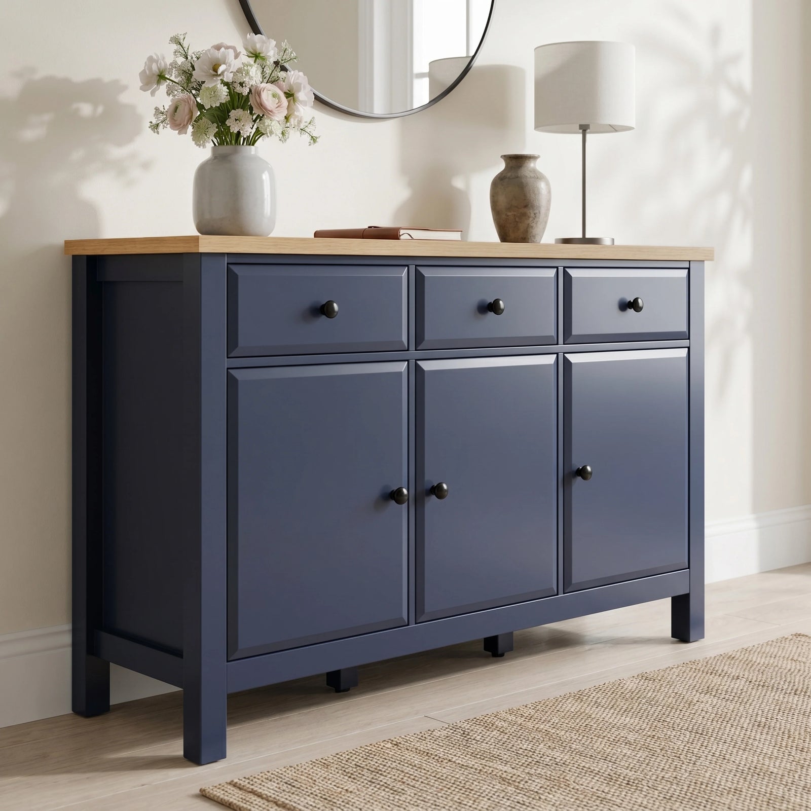 [Blue] Blue 3 Door Sideboard with 3 Drawers, 135cm Oak Veneer Top shown from an elegant low angle.