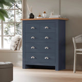[Blue] shaker 5 drawer chest in bright room with window showing oak top and cup handles