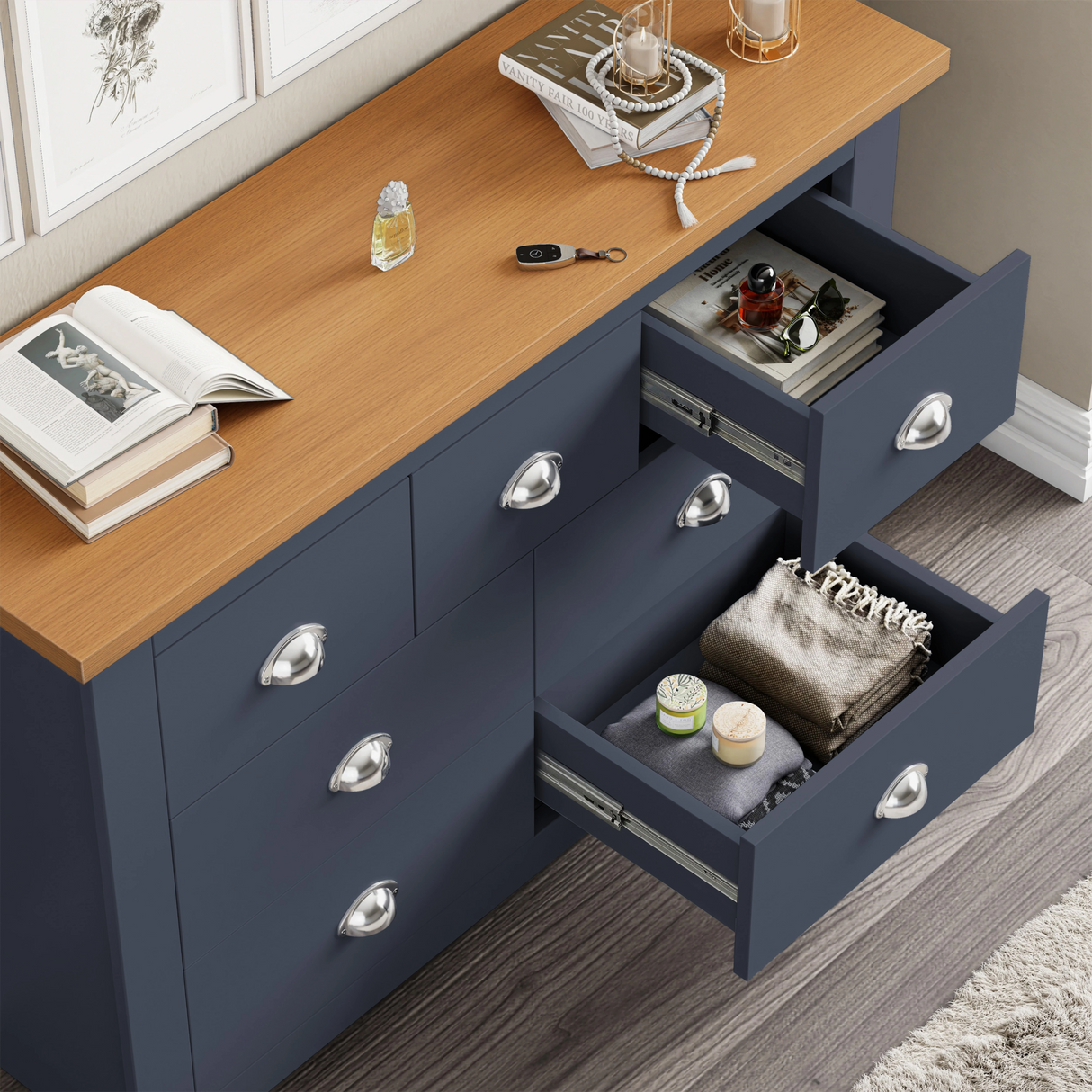 [Blue] Shaker 7 drawer chest from above with small and large drawers open showing storage.