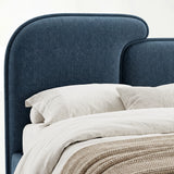 [Double | Blue] Close view of blue upholstered split headboard surface showing fabric weave and softly curved outline
