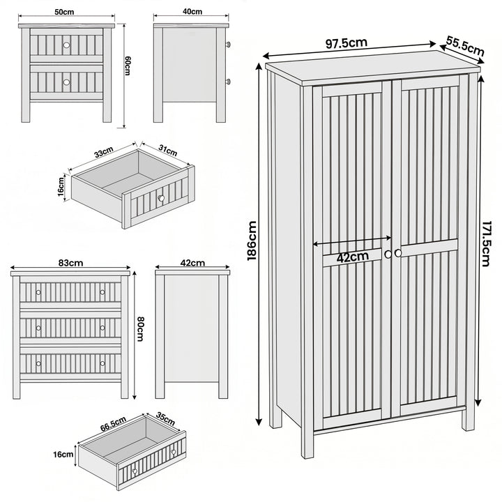 [Blue] Linra bedroom furniture set: wardrobe 97.5 x 55.5 x 186, chest 83 x 42 x 80, bedside 50 x 40 x 60 cm