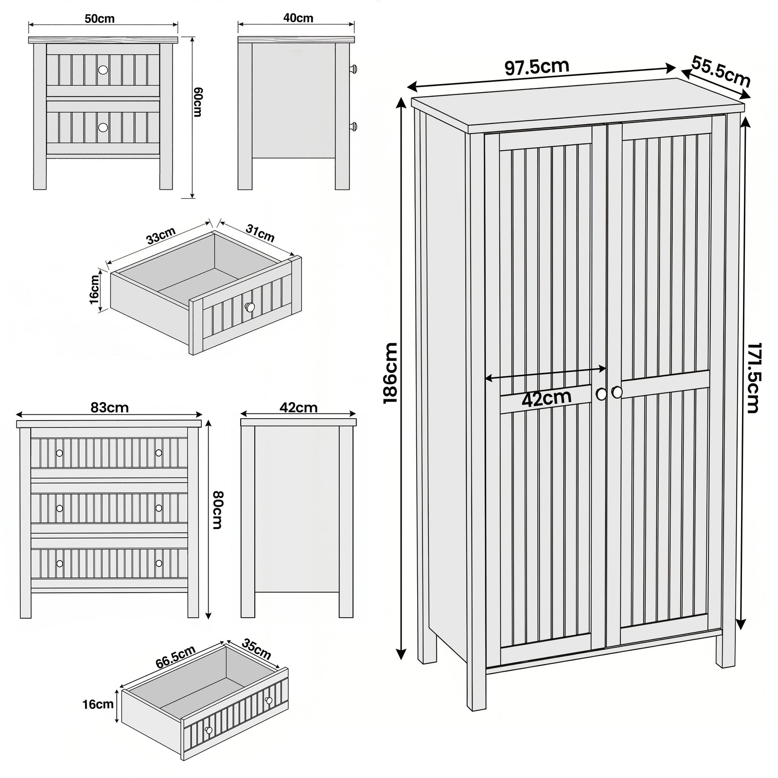 [Blue] Linra bedroom furniture set: wardrobe 97.5 x 55.5 x 186, chest 83 x 42 x 80, bedside 50 x 40 x 60 cm