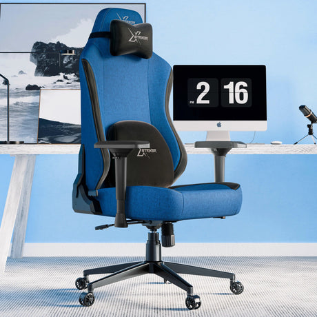 Xstriker Ergonomic Fabric Gaming Chairs in blue with 4D adjustable armrests and lumbar support, ideal for adult gamers and office setups.