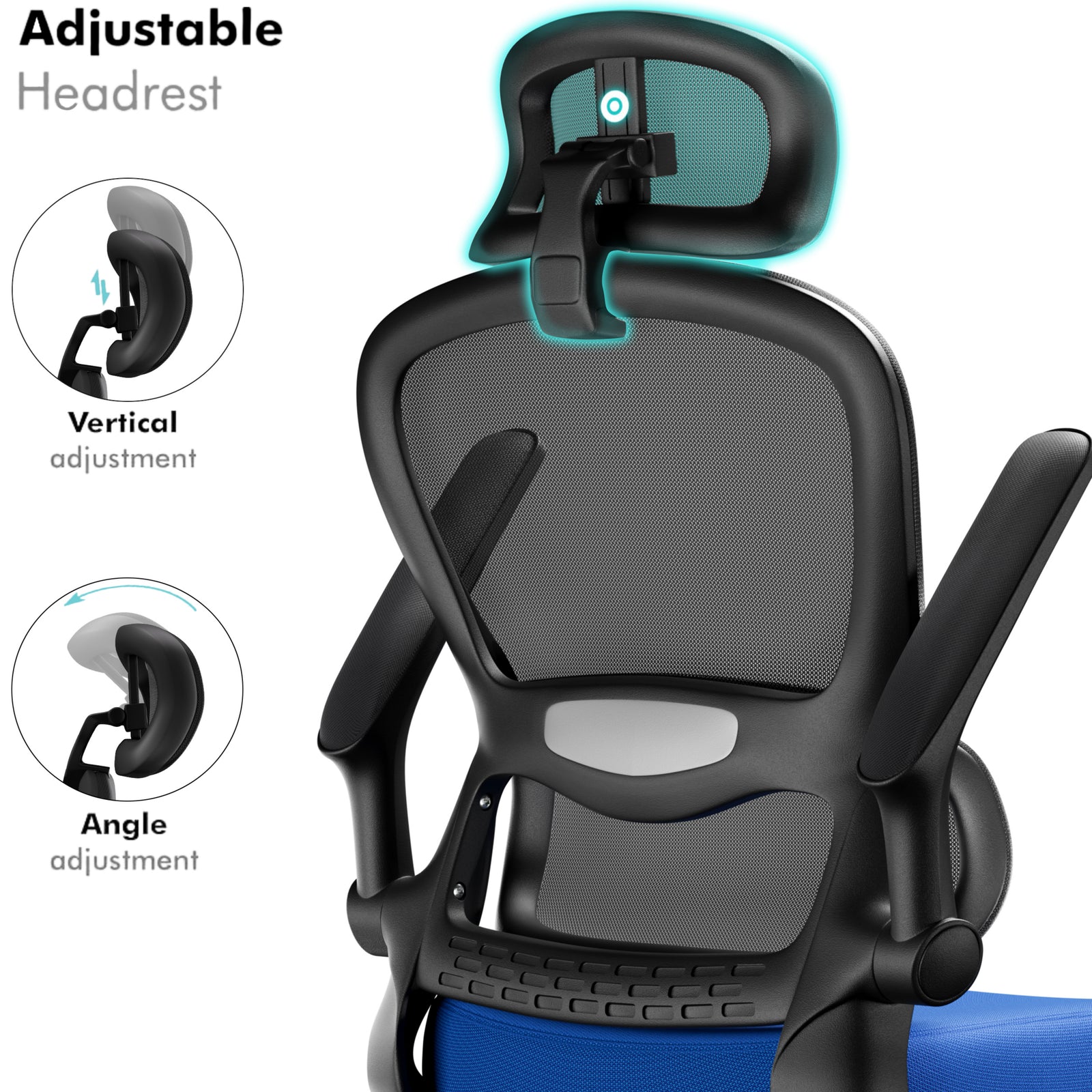 [Blue + Black] Black and blue mesh office chair with adjustable headrest for vertical and angle support. Enhances ergonomic comfort and neck alignment.