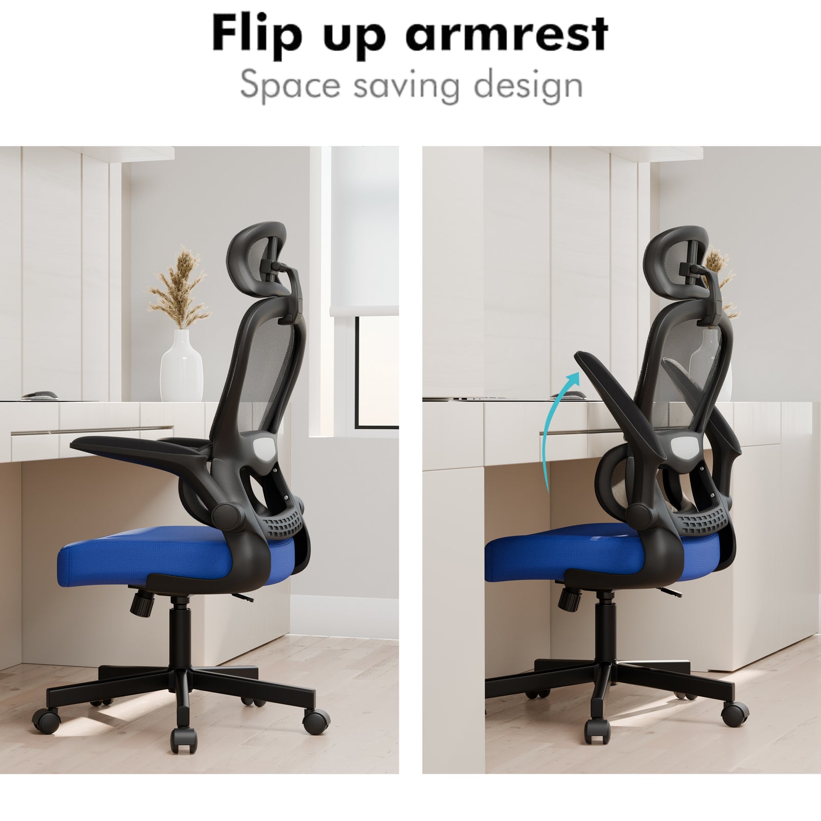 [Blue + Black] Black and blue mesh office chair with flip-up armrests for space-saving design. Ideal for compact home office desks.