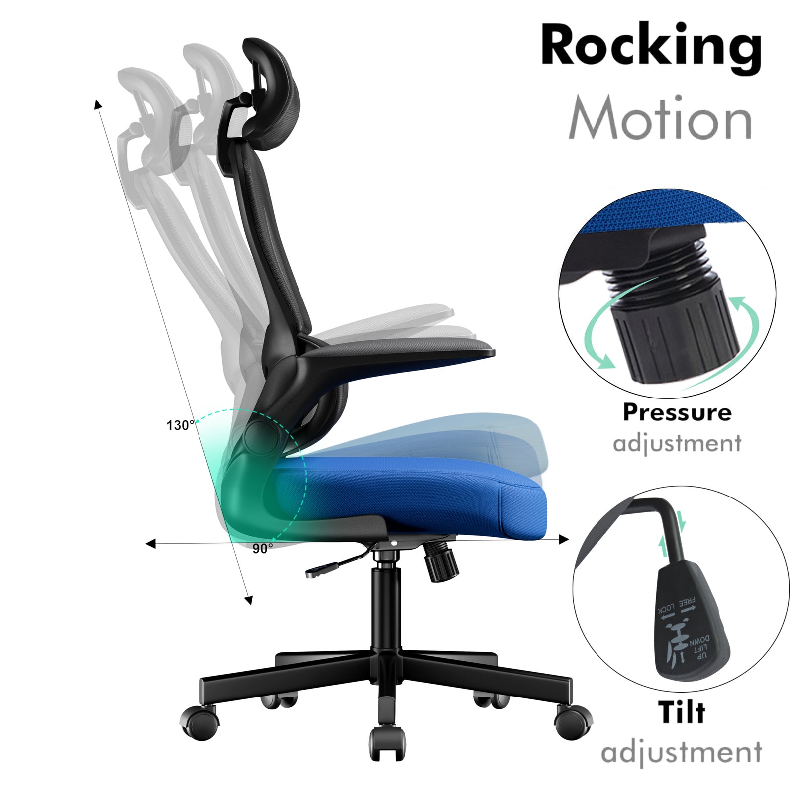 [Blue + Black] Rocking motion of an adjustable office chair with ergonomic swivel chair with recline and comfort.