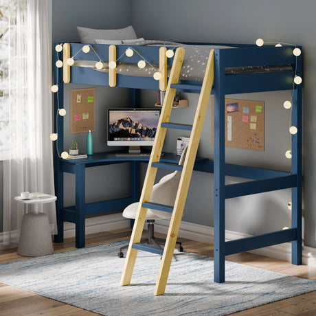 Blue bunk bed with desk underneath, placed in the corner of a room near a window
