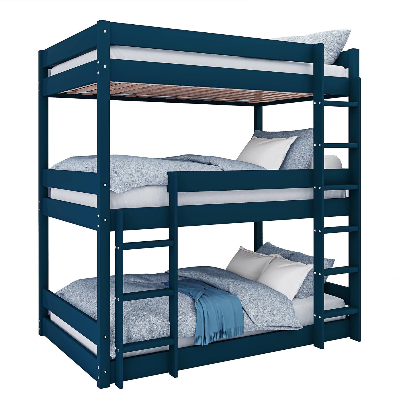 Blue wooden triple bunk bed with clean design and three stacked beds, perfect for compact children's rooms.