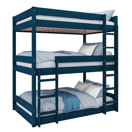 Blue bunk bed with stairs and cushions, combining comfort, safety, and a stylish space-saving design