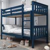 Blue children's double bunk bed shown in clean bedroom with matching bedding and playful accessories