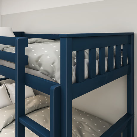 Close-up of blue double bed bunk bed frame showing ladder detail and strong side guardrails