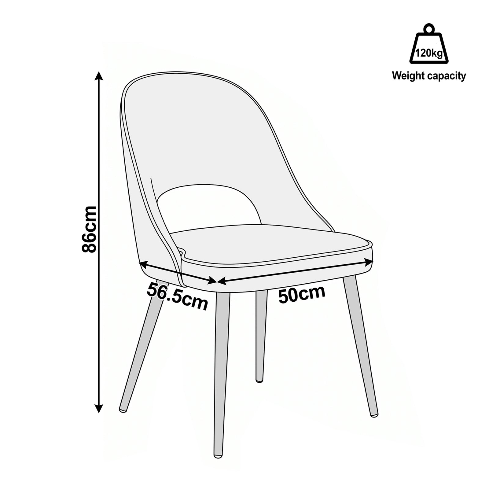 [Blue | Set of 2] Comfy dining chair size guide showing 86cm high, 50cm wide, 56.5cm deep dimensions & 120kg load capacity.