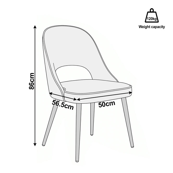 [Blue | Set of 4] Dining chair size guide showing 86cm high, 50cm wide, 56.5cm deep dimensions and 120kg capacity per chair.