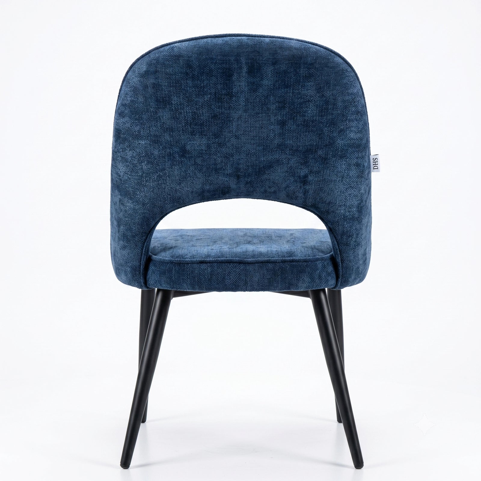 [Blue | Set of 2] Rear view of the comfy fabric dining chair with rounded open back, piped seat and four black metal legs.