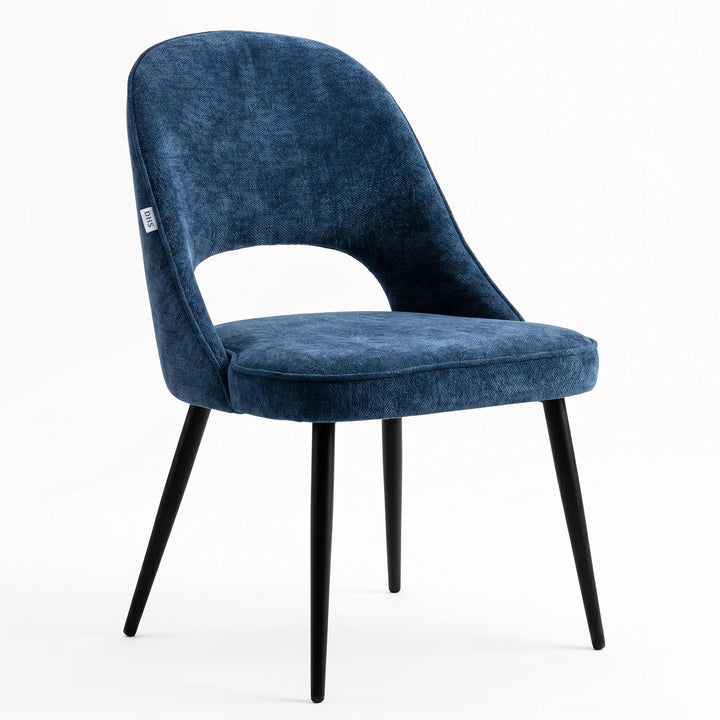 [Blue | Set of 2] Angled view of fabric dining chair with rounded open back, piped seat and four black legs.
