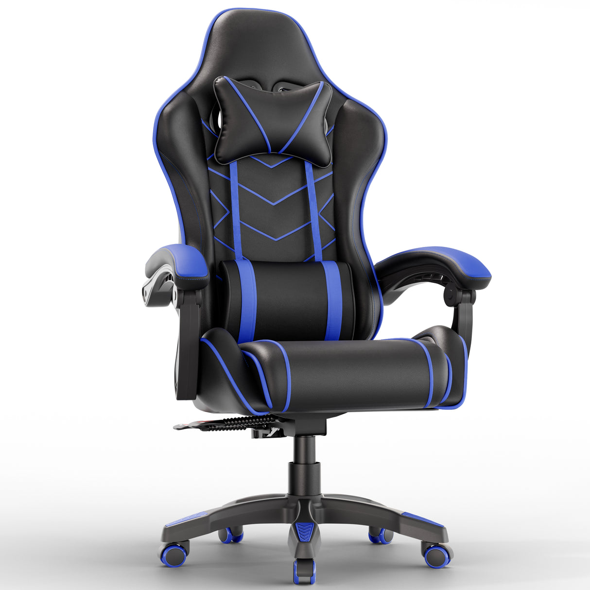 Ergonomic gaming chair with lumbar support and padded armrest in black and blue design, ideal for long gaming or office sessions. Features adjustable height and reclining backrest.