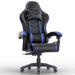 Ergonomic gaming chair with lumbar support and padded armrest in black and blue design, ideal for long gaming or office sessions. Features adjustable height and reclining backrest.