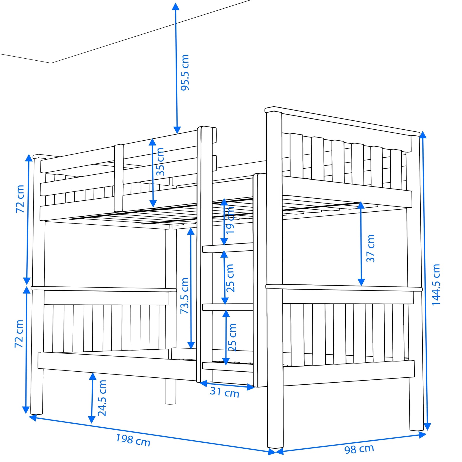 [blue] detachable double bunk bed dimensions: 198cm length 98cm width 144.5cm height