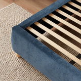 [Double | Blue] A close view of wooden slat support system for the mattress, in the upholstered blue double frame
