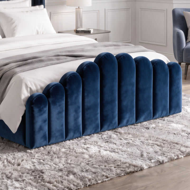 [Double | Blue] Close-up of matching scalloped velvet footboard with rounded vertical channels