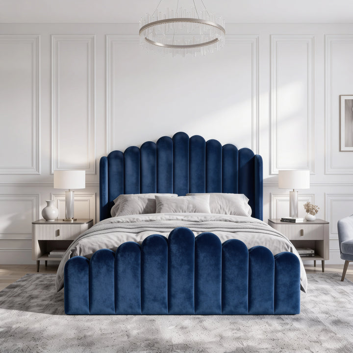 [Double | Blue] Front view of velvet ottoman storage bed with scalloped channel headboard and matching footboard